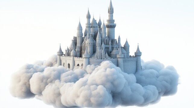 Majestic Stone Castle Floating Above Fluffy Clouds