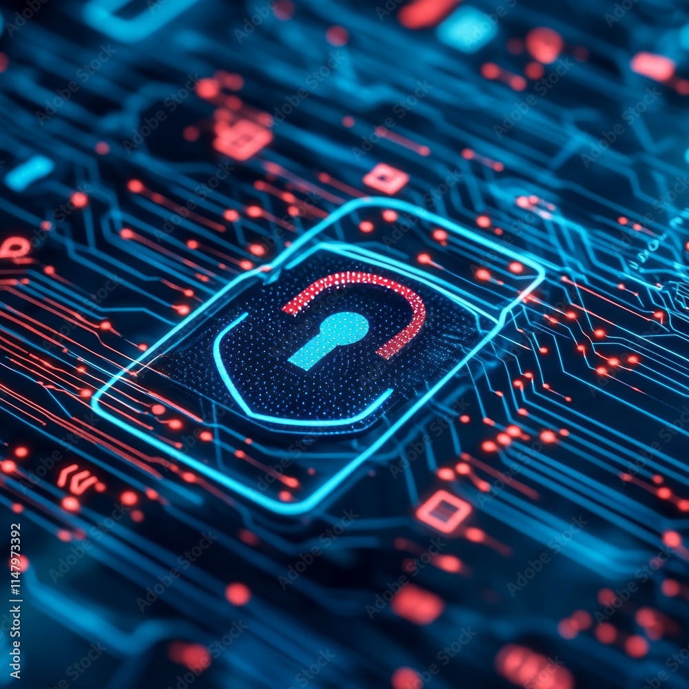 Poster digital security concept depicting a padlock symbol on a futuristic circuit board background with gl