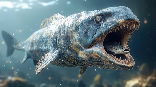 A digitally rendered image of a Dunkleosteus, a prehistoric fish, with a smaller fish in its mouth, swimming underwater.  The image is detailed and realistic.