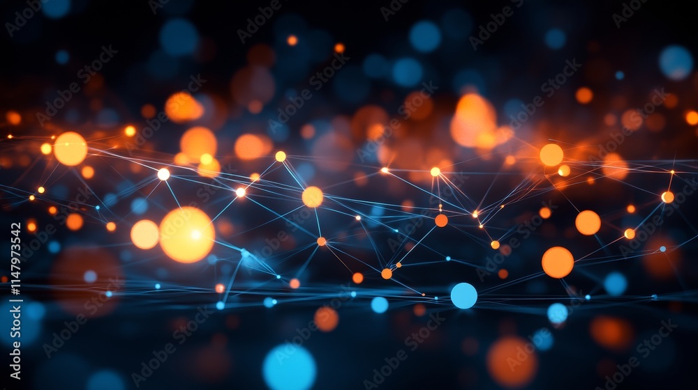Poster colorful abstract representation of interconnected nodes and patterns illustrating technology at nig