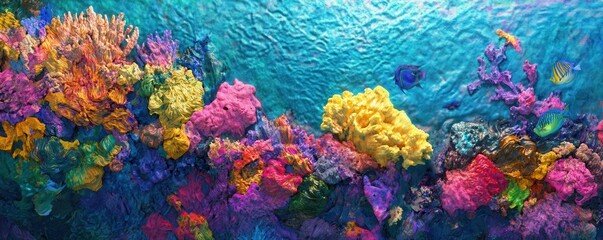 Fototapeta premium coral reef, ocean, underwater scene, colorful, artistic representation of marine life, vibrant colors, textured surfaces, abstract ocean ecosystem, pastel backdrop, marine biodiversity
