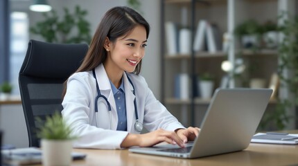 Smiling Doctor using Laptop. A friendly female doctor in a white coat smiles while working on her laptop in her office. This image is perfect for healthcare, technology.