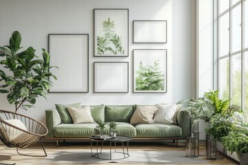 Modern Living Room Interior Featuring Green Sofa, Tropical Plants, Minimalist Decor, Large Windows, and Framed Art in Natural Light Setting