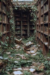 Overgrown library filled with scattered books and lush greenery in a forgotten space