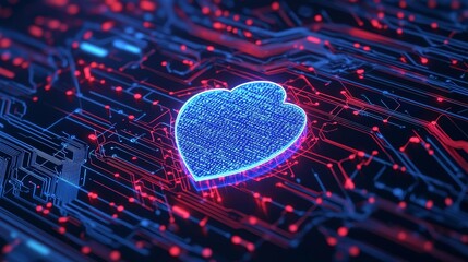 Vibrant Digital Heart Shape Glowing on a Circuit Board With Red and Blue Lights, Symbolizing Technology and Love in a Modern Context