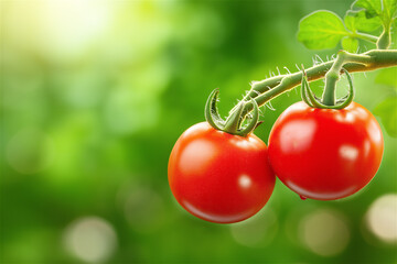 Two ripe red tomatoes hanging on a green vine in a garden setting, captured with vibrant details and a softly blurred background. Copy space included.