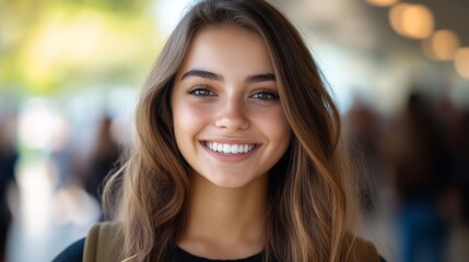Obraz premium Radiant Confidence: A young woman student with long, flowing brown hair beams a genuine smile, radiating positivity and self-assurance.
