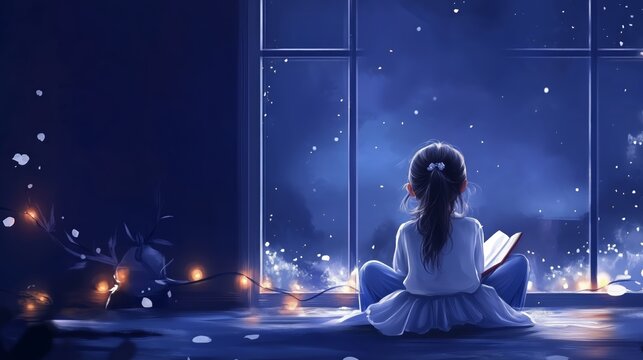 Child reading by moonlit window surrounded by magical night sky and fireflies