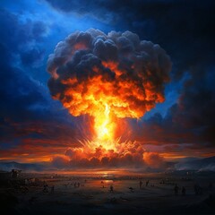 Nuclear explosion mushroom cloud over devastated landscape.