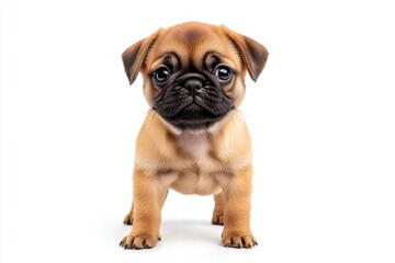 Obraz premium Adorable Young Pug Puppy Standing on White Background with Big, Expressive Eyes and a Playful Stance, Capturing the Essence of Canine Charm and Innocence