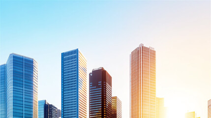 Fototapeta premium Cityscape with modern skyscrapers at sunrise, showcasing sleek architecture and vibrant colors. Ideal for business themes or urban landscapes.