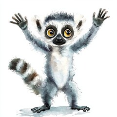 Fototapeta premium Cute Watercolor Lemur Character with Open Arms in Playful Pose for Kids' Art Projects and Illustrations