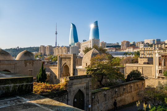 Skyline of Baku and view of the Flame Towers, Azerbaijan