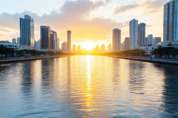 Fototapeta premium Serene riverside cityscape at sunset. The golden light reflects on the water, highlighting the skyline and creating a peaceful urban atmosphere.