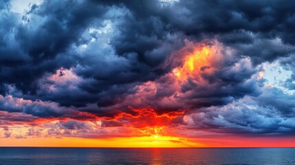Fototapeta premium Breathtaking Sunset Over the Ocean with Dramatic Cloud Formation and Vibrant Colors Displaying Natural Beauty and Tranquility in a Coastal Landscape