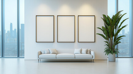 White Living Room with Three Blank Picture Frames and City View