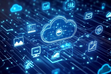 Digital Cloud Computing Concept With Glowing Icons Representing Online Data Management and Technology in a Futuristic Network Environment