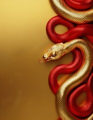 Obraz premium Top view of red and golden snakes on gold background with copy space. 2025 , year of the snake. Generated image