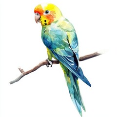 Obraz premium Cute Watercolor Parakeet Character on Branch with Vibrant Colors and Detailed Feathers for Artistic Use