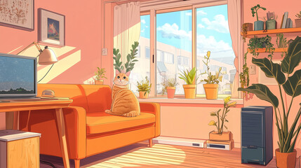 Cat in the cozy living room of the house with lofi style anime art