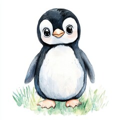 Naklejka premium Adorable Watercolor Penguin Character Standing on Grass with Large Eyes and Charming Expression in a Cute Design