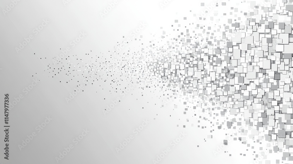 Poster abstract representation of dispersion with squares in various shades of gray on a gradient backgroun