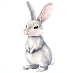 Obraz premium Cute Watercolor Rabbit Character Standing on White Background for Illustrative and Decorative Use