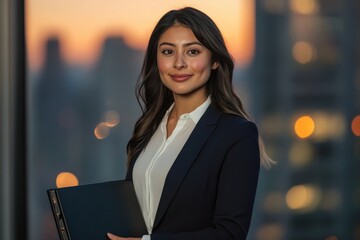 Confident businesswoman in a dark suit, holding a folder, stands before a city sunset.