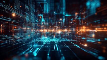 Digital Landscape Showcasing Vibrant Blue and Orange Data Streams in a Futuristic Virtual Environment at Night