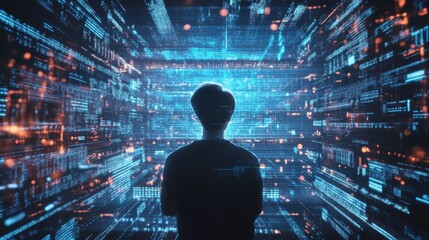 Exploring the Digital Universe With a Silhouette Contemplating Data Streams and Futuristic Technology in a Darkened Environment