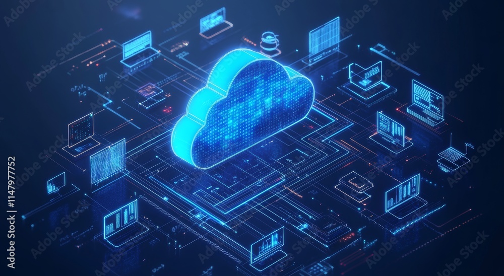 Poster exploring cloud technology with interconnected devices and data visualizations showcasing the future
