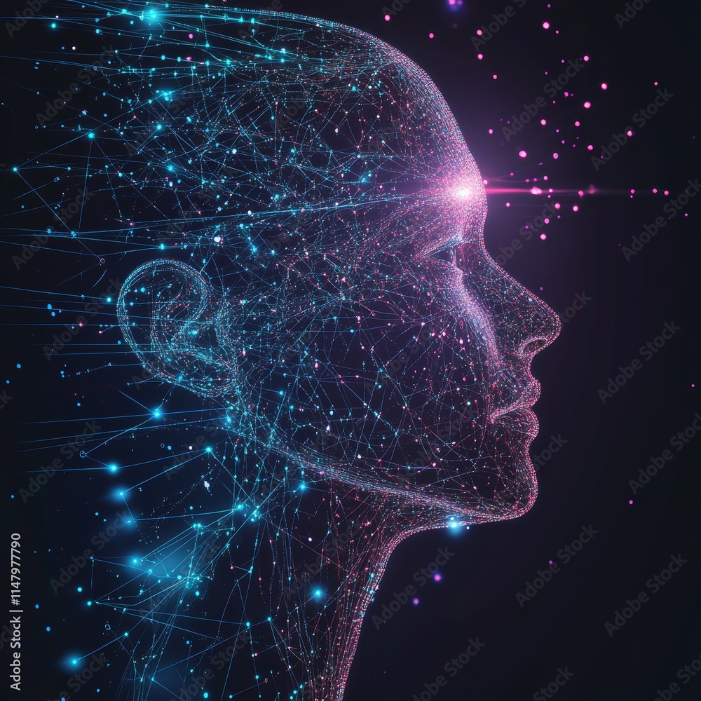 Poster digital representation of a human head filled with interconnected nodes and glowing particles in a c