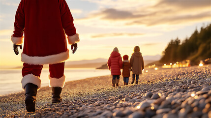 Santa Claus walking along a pebble beach at sunset, accompanied by silhouetted figures. A nostalgic and peaceful holiday moment in a serene coastal setting.
