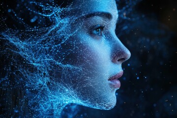 Digital woman profile surrounded by a glowing blue interconnected network