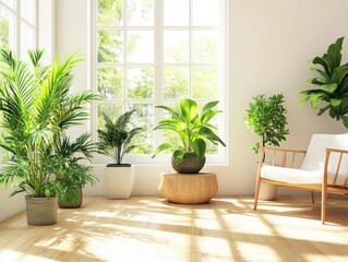 Fototapeta premium Modern minimalist room with plants and big windows showing green trees