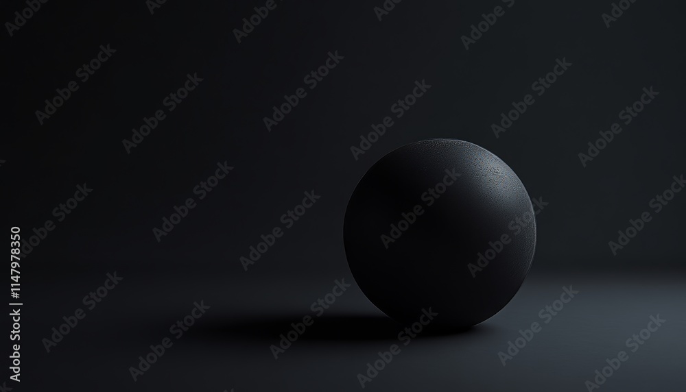 Poster black spherical object resting on a dark surface with minimal lighting creating subtle shadows in an