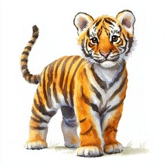 Obraz premium Adorable Watercolor Illustration of a Cute Tiger Cub Character with Striking Features