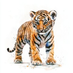 Naklejka premium Adorable Watercolor Illustration of a Cute Tiger Cub with Striking Features and Playful Expression