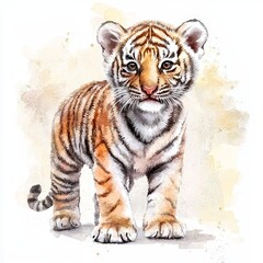 Obraz premium Adorable Watercolor Illustration of a Cute Tiger Cub Character with Striking Features