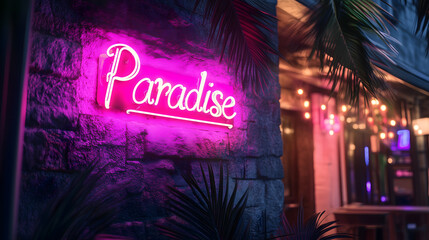 "Paradise" neon sign with tropical plants, pink illuminated text on stone wall with evening ambiance