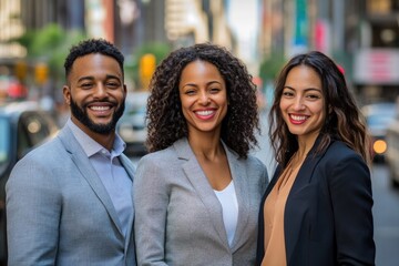 Three diverse professionals stand smiling in a city setting, showcasing a successful and inclusive business environment.