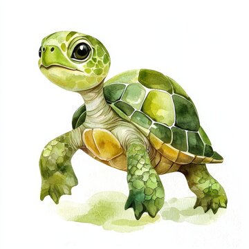 Cute Watercolor Illustration of a Walking Turtle Character in Vibrant Green Shades