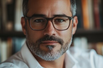 Close-up portrait of a mature man with glasses and salt and pepper beard, serious expression.