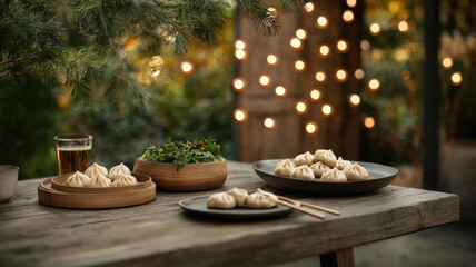 Naklejka premium rustic outdoor feast featuring dumplings, fresh herbs, and warm lighting creates cozy atmosphere