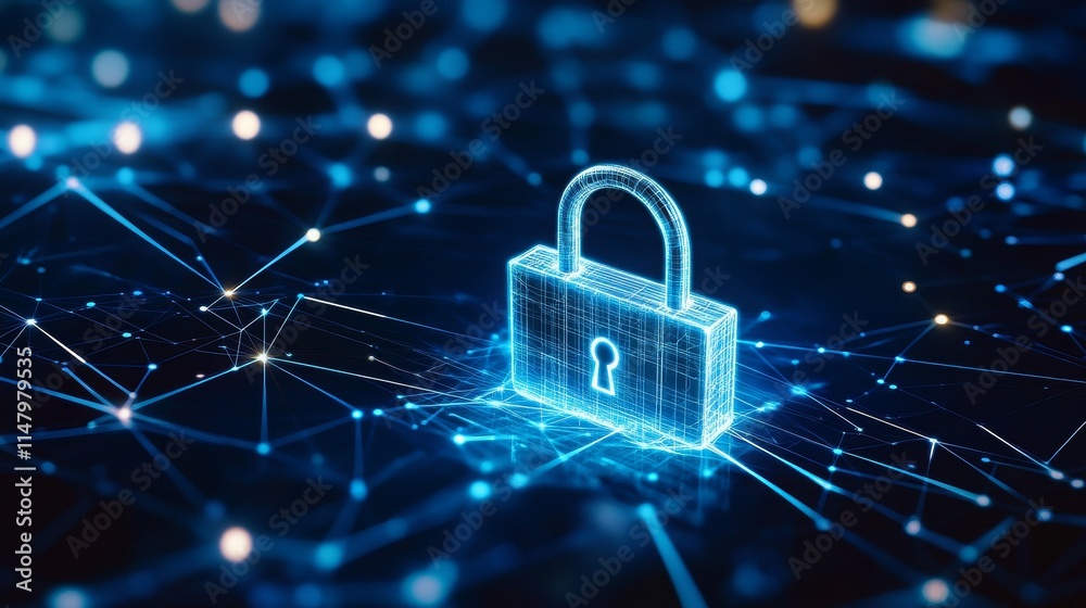 Poster digital lock symbolizing cybersecurity protection on a network background with multiple connections 