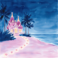 Obraz premium Enchanting temple by sea under starry night sky