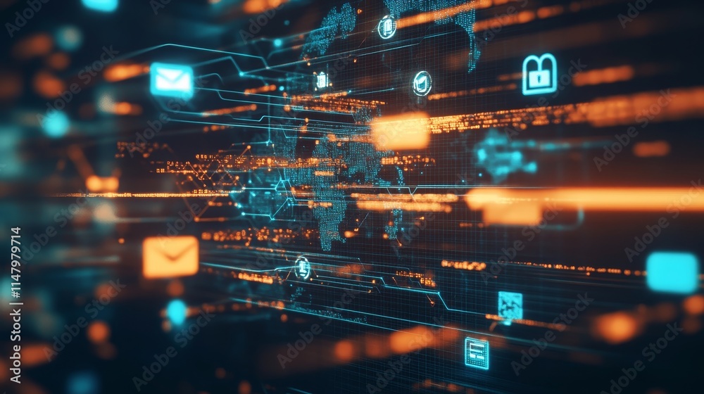 Poster global digital connectivity visualized through vibrant data streams and technology icons in a modern