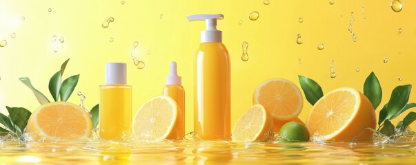 Fototapeta premium Cosmetic products in yellow water background with orange citrus