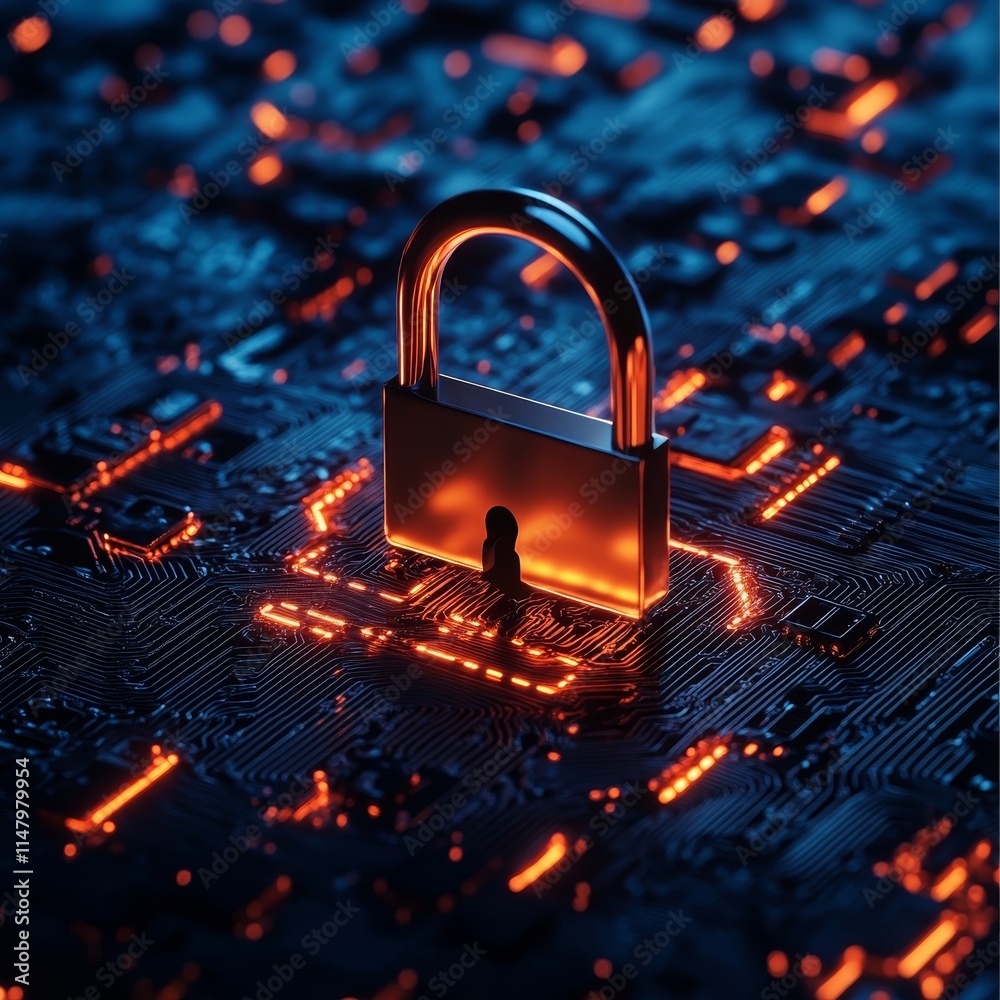 Poster digital security with a padlock on a circuit board illuminated by glowing lines, symbolizing data pr