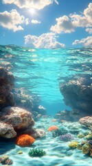 Obraz premium A vibrant underwater scene showcasing colorful corals and marine life beneath the sunlit surface. The turquoise water creates a serene and inviting atmosphere.